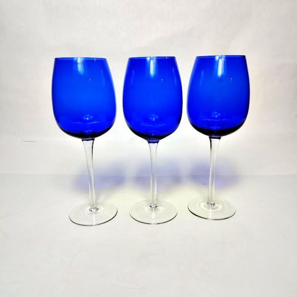 Set 3 Colbalt Blue Wine Glasses 9.5 Inch Tall 2.5 Inch Diameter Clear Stem